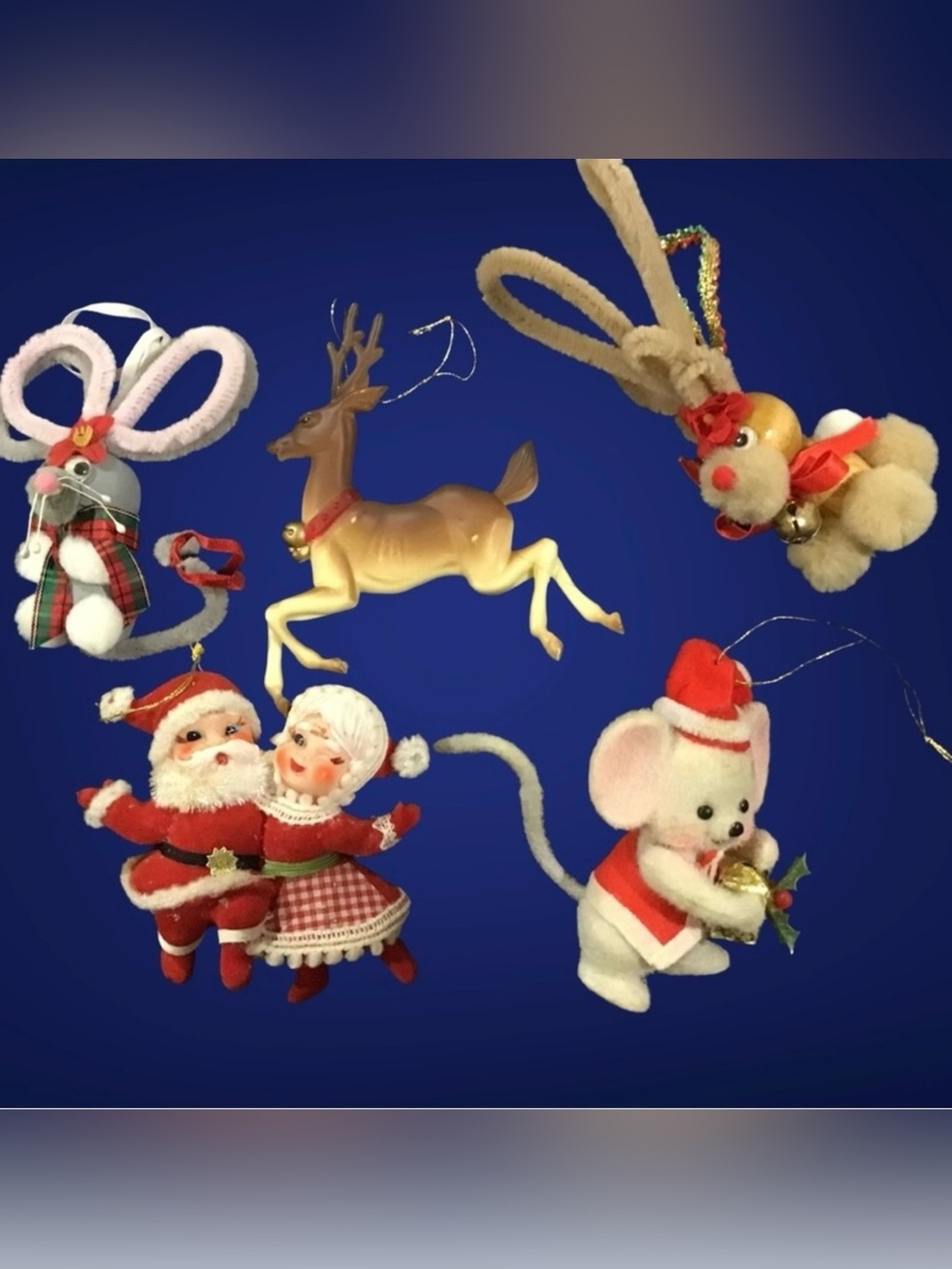 Vintage Christmas flocked, wood & plastic ornaments Santa & Mrs Clause reindeer